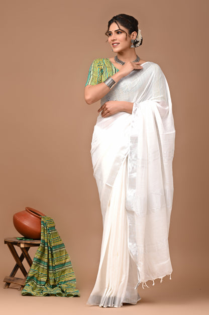 Plain linen Saree With Ajrak Printed Unstiched Blouse