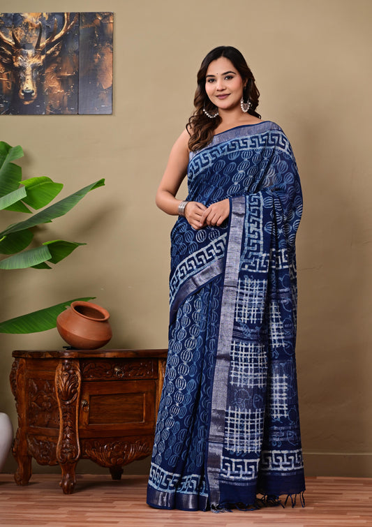 Block Printed Cotton linen Saree With Unstiched Blouse