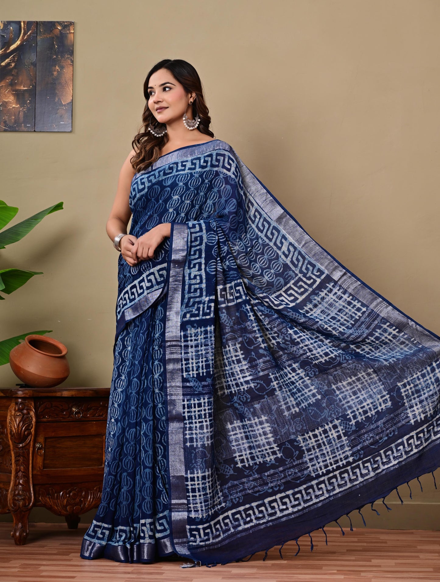 Block Printed Cotton linen Saree With Unstiched Blouse