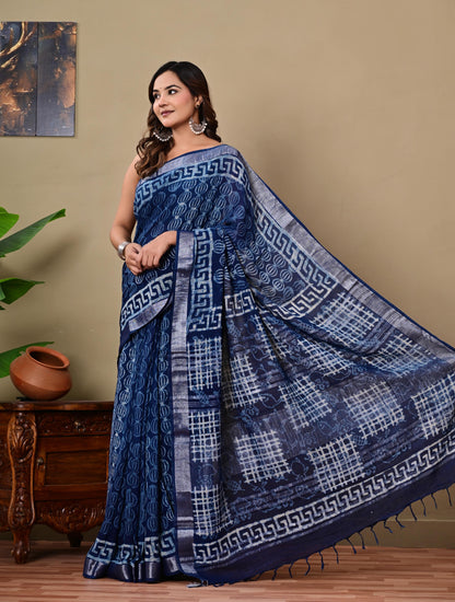 Block Printed Cotton linen Saree With Unstiched Blouse
