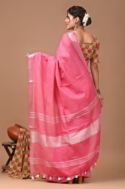 Plain linen Saree With Ajrak Printed Unstiched Blouse