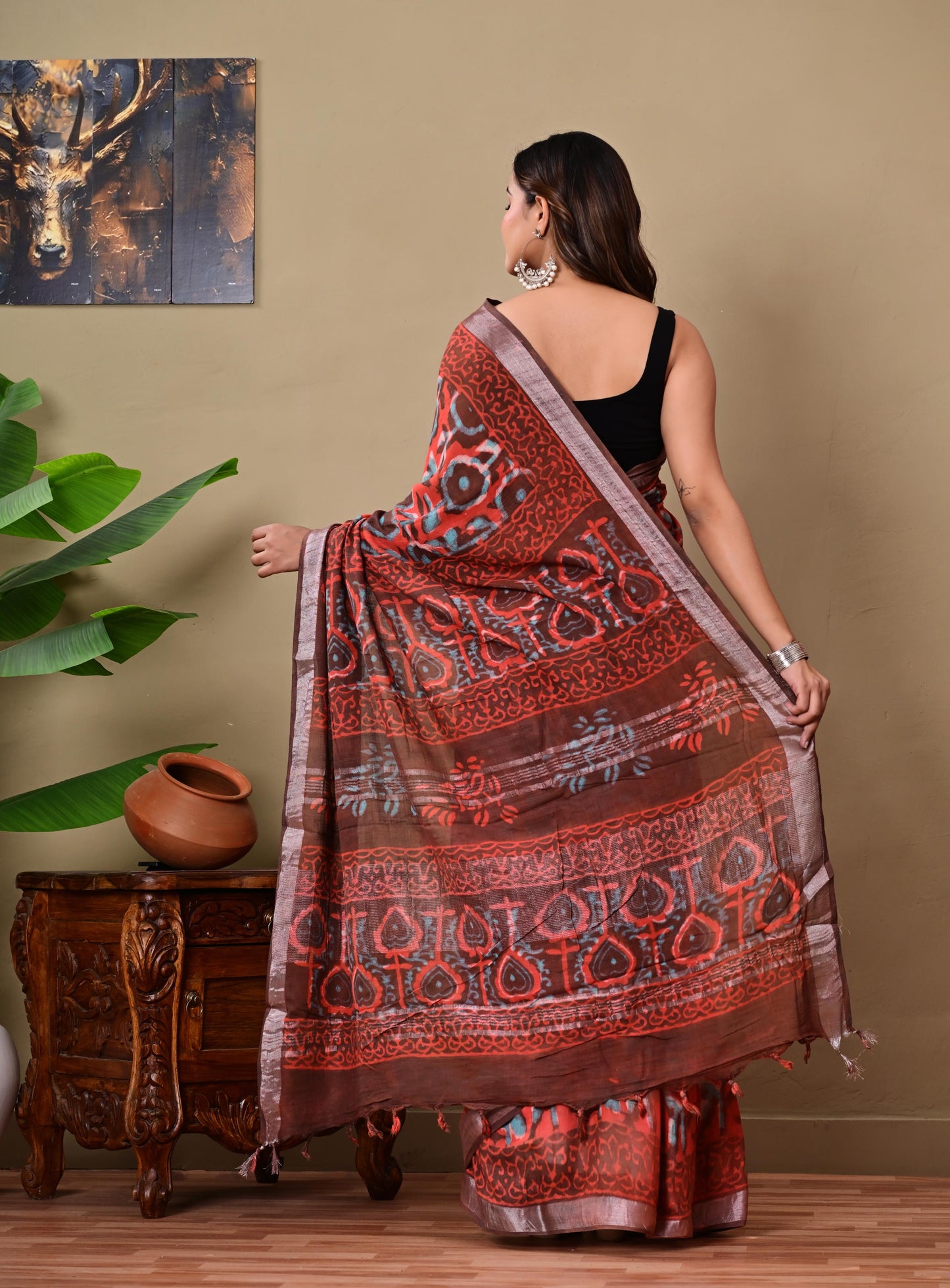 Block Printed Cotton linen Saree With Unstiched Blouse