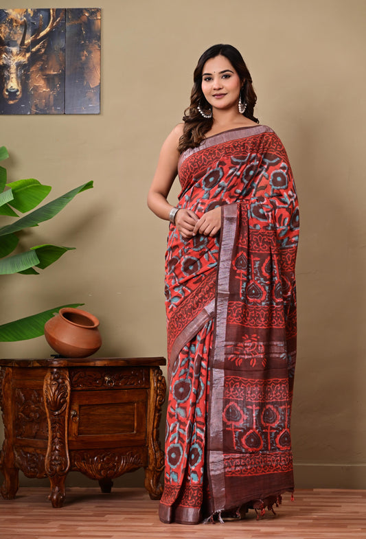 Block Printed Cotton linen Saree With Unstiched Blouse