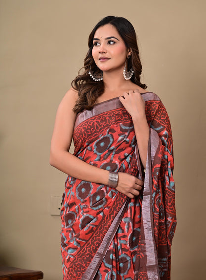 Block Printed Cotton linen Saree With Unstiched Blouse