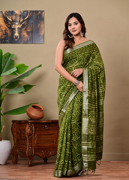 Block Printed Cotton linen Saree With Unstiched Blouse