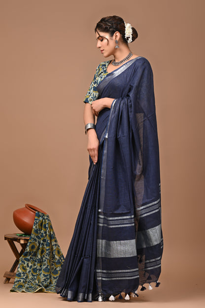 Plain linen Saree With Ajrak Printed Unstiched Blouse