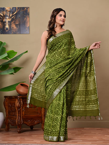 Block Printed Cotton linen Saree With Unstiched Blouse