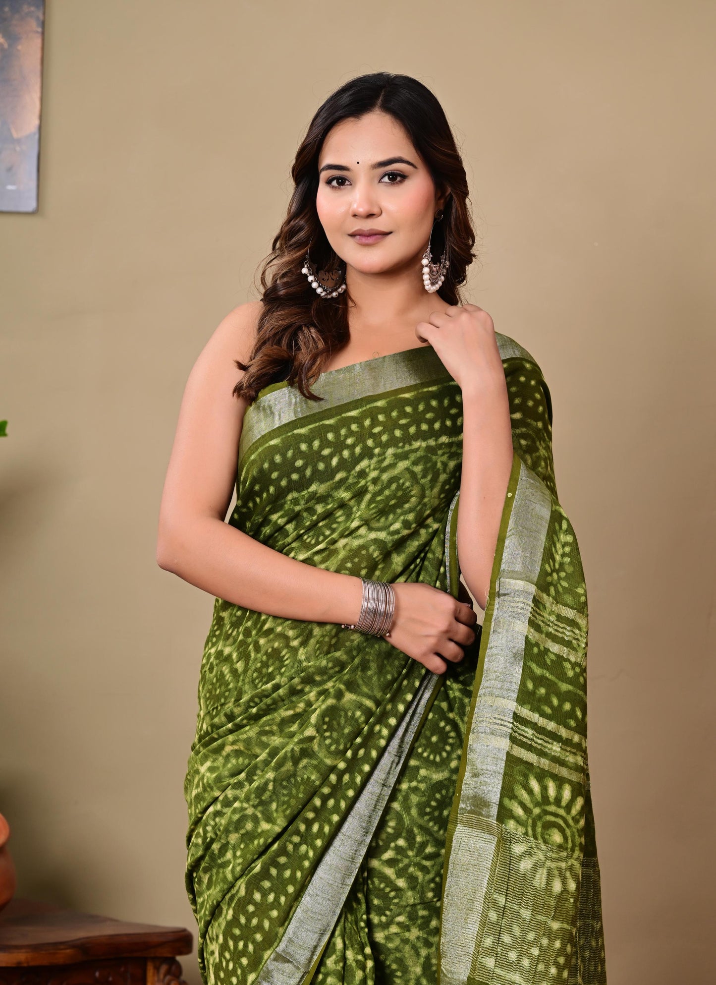 Block Printed Cotton linen Saree With Unstiched Blouse