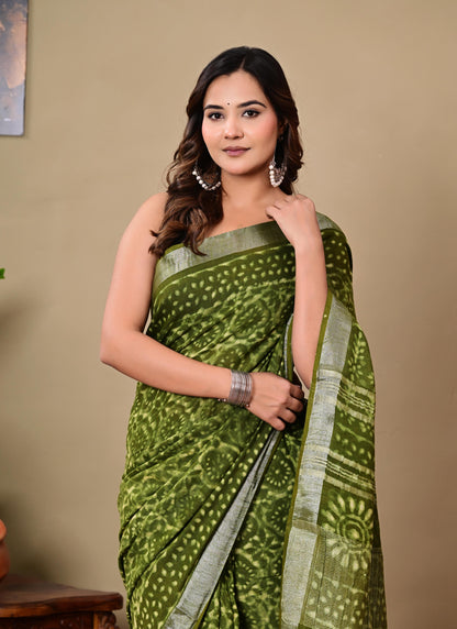 Block Printed Cotton linen Saree With Unstiched Blouse