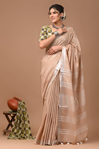 Plain linen Saree With Ajrak Printed Unstiched Blouse