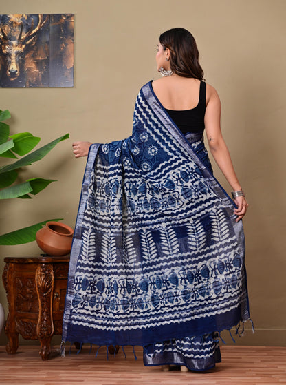 Block Printed Cotton linen Saree With Unstiched Blouse