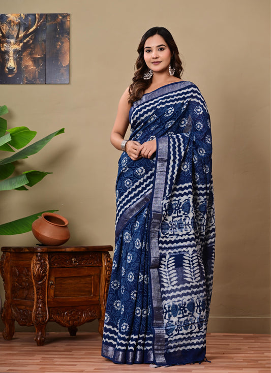 Block Printed Cotton linen Saree With Unstiched Blouse