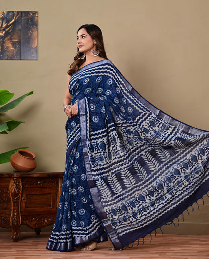 Block Printed Cotton linen Saree With Unstiched Blouse