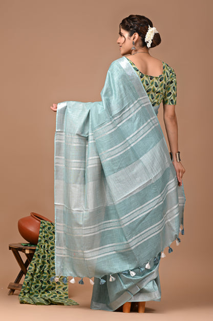 Plain linen Saree With Ajrak Printed Unstiched Blouse