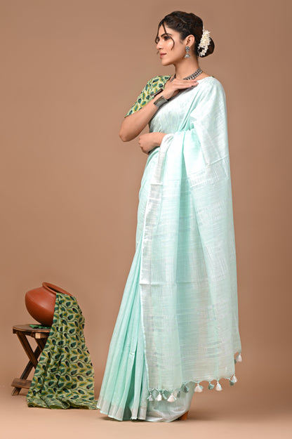 Plain linen Saree With Ajrak Printed Unstiched Blouse