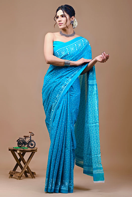 Printed Pure Cotton Mulmul Saree With Blouse