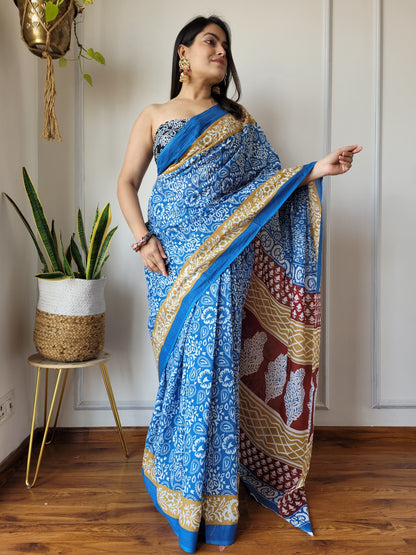 Jaipuri Printed Pure Cotton Mulmul Saree With Blouse