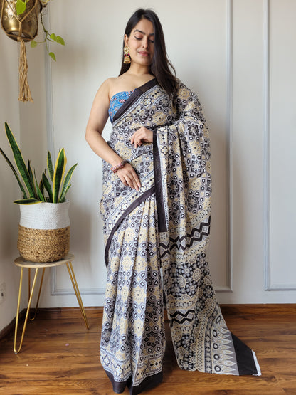 Jaipuri Printed Pure Cotton Mulmul Saree With Blouse