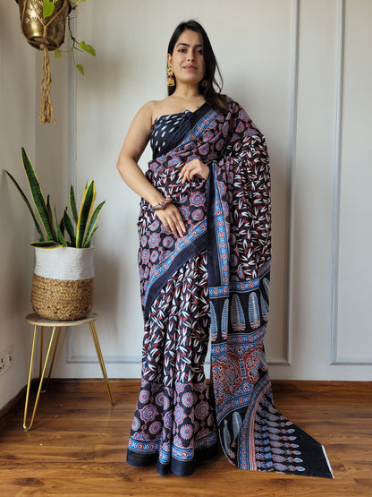 Jaipuri Printed Pure Cotton Mulmul Saree With Blouse