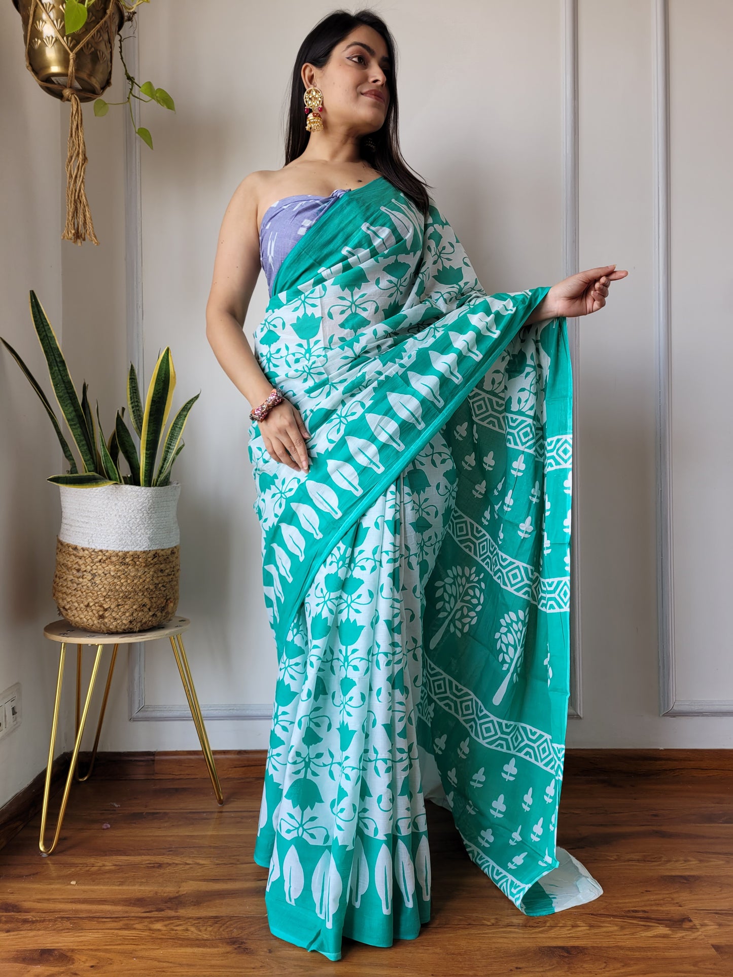 Jaipuri Printed Pure Cotton Mulmul Saree With Blouse