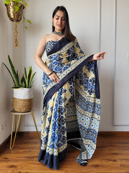 Jaipuri Printed Pure Cotton Mulmul Saree With Blouse