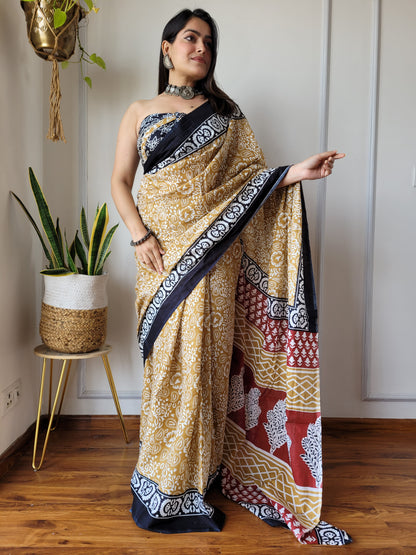 Jaipuri Printed Pure Cotton Mulmul Saree With Blouse