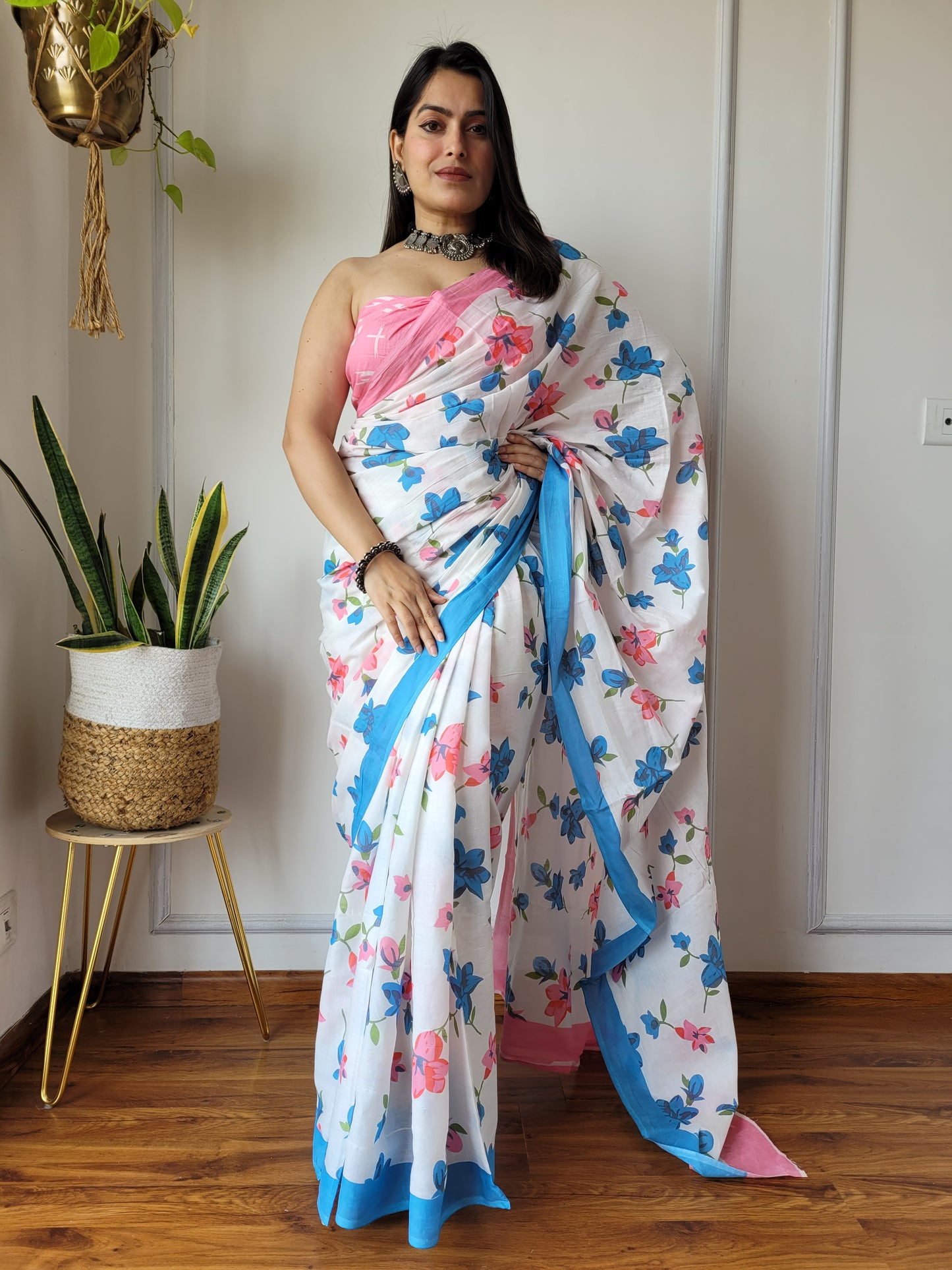 Jaipuri Printed Pure Cotton Mulmul Saree With Blouse