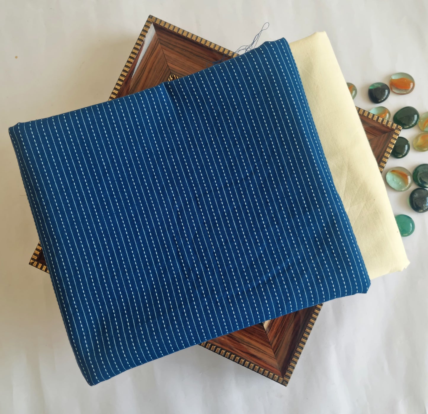 Royal Blue Pure Cotton Kantha Work Kurta Fabric (2.5 Meters) | and Plain Dyed Cotton Pyjama (2.5 Meters) | Unstitched Combo Set