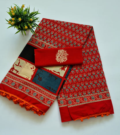 Printed Pure Cotton Mulmul Saree With PomPom Lace