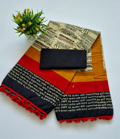 Printed Pure Cotton Mulmul Saree With PomPom Lace