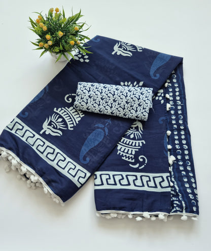 Printed Pure Cotton Mulmul Saree With PomPom Lace