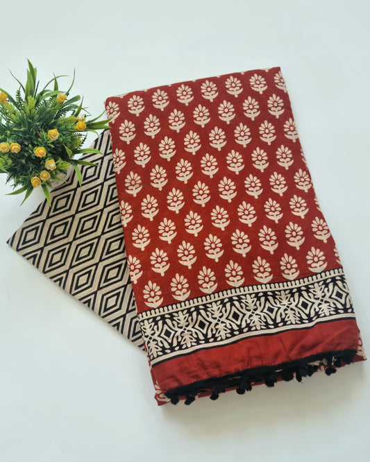 Printed Pure Cotton Mulmul Saree With PomPom Lace