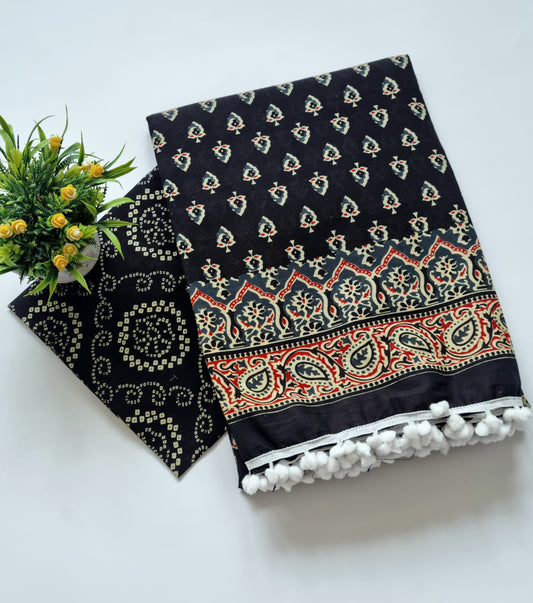 Printed Pure Cotton Mulmul Saree With PomPom Lace