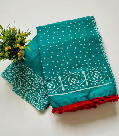 Printed Pure Cotton Mulmul Saree With PomPom Lace