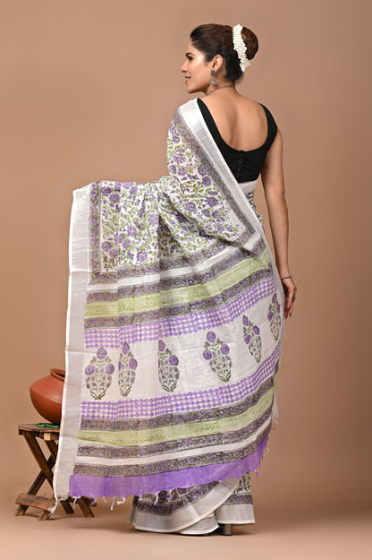 Block Printed Cotton linen Saree With Unstiched Blouse