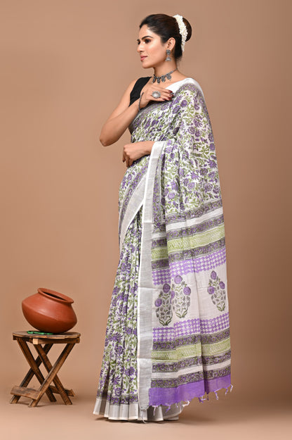 Block Printed Cotton linen Saree With Unstiched Blouse