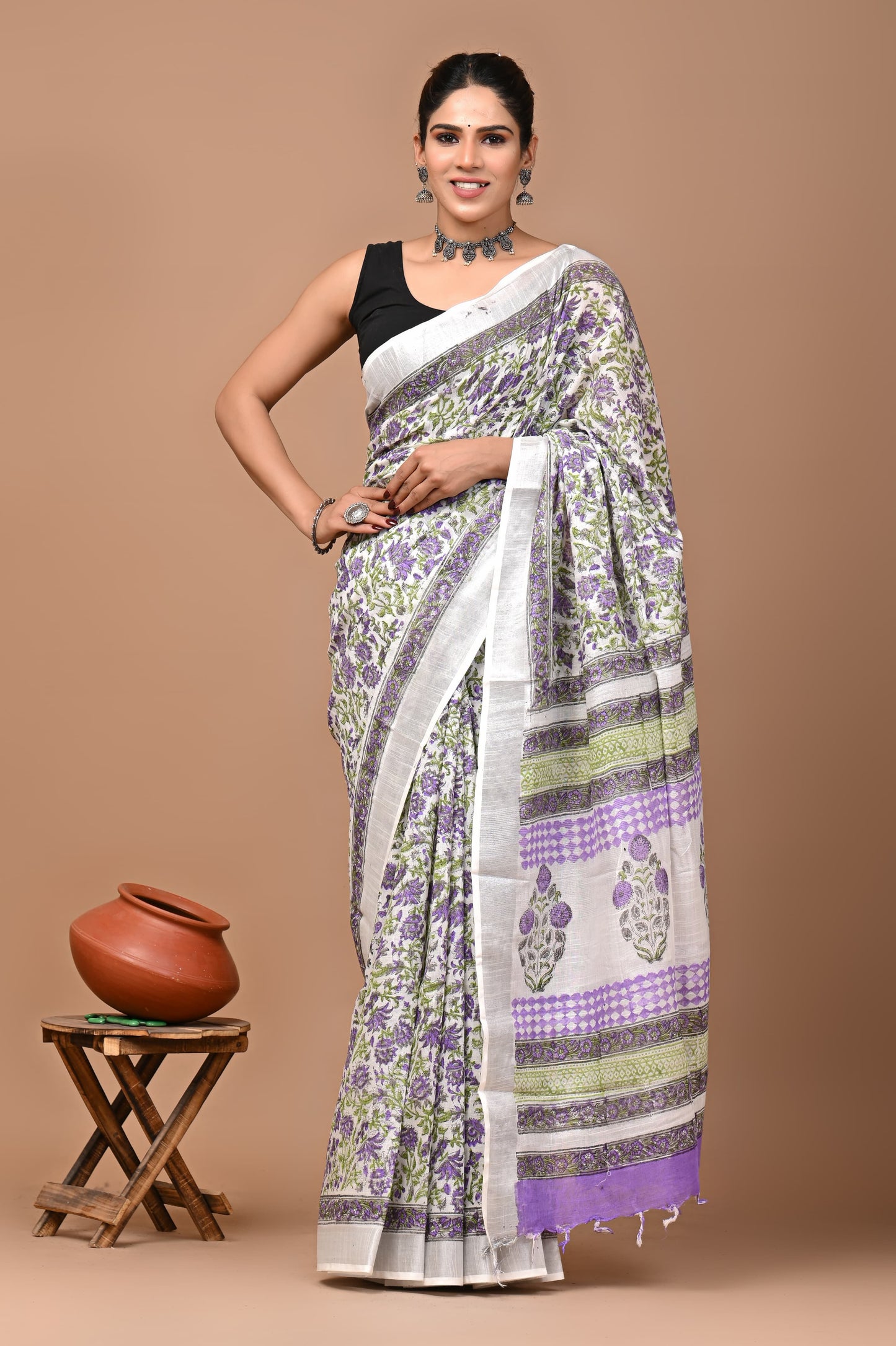 Block Printed Cotton linen Saree With Unstiched Blouse