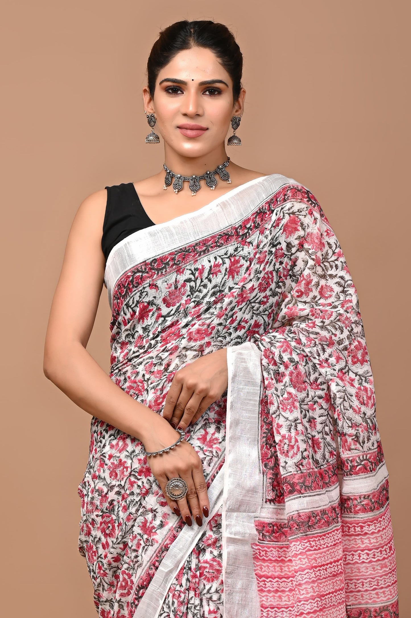 Block Printed Cotton linen Saree With Unstiched Blouse