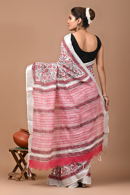 Block Printed Cotton linen Saree With Unstiched Blouse