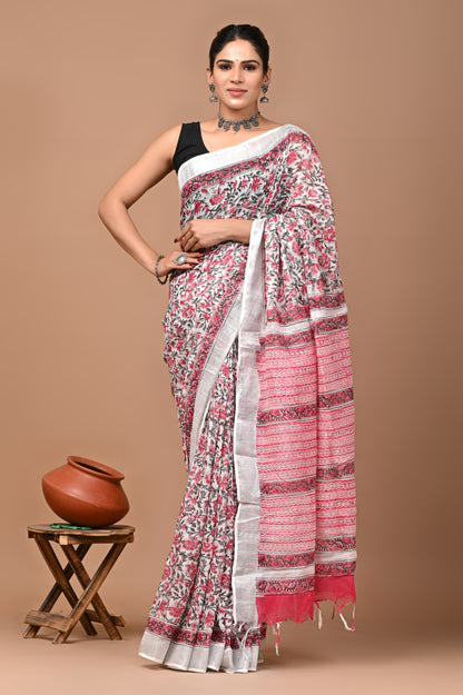 Block Printed Cotton linen Saree With Unstiched Blouse