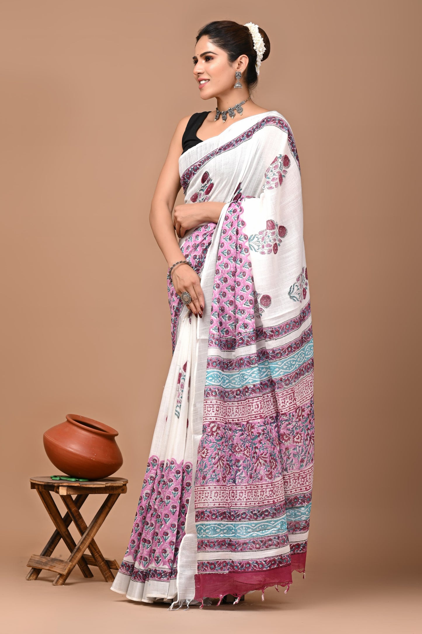 Block Printed Cotton linen Saree With Unstiched Blouse