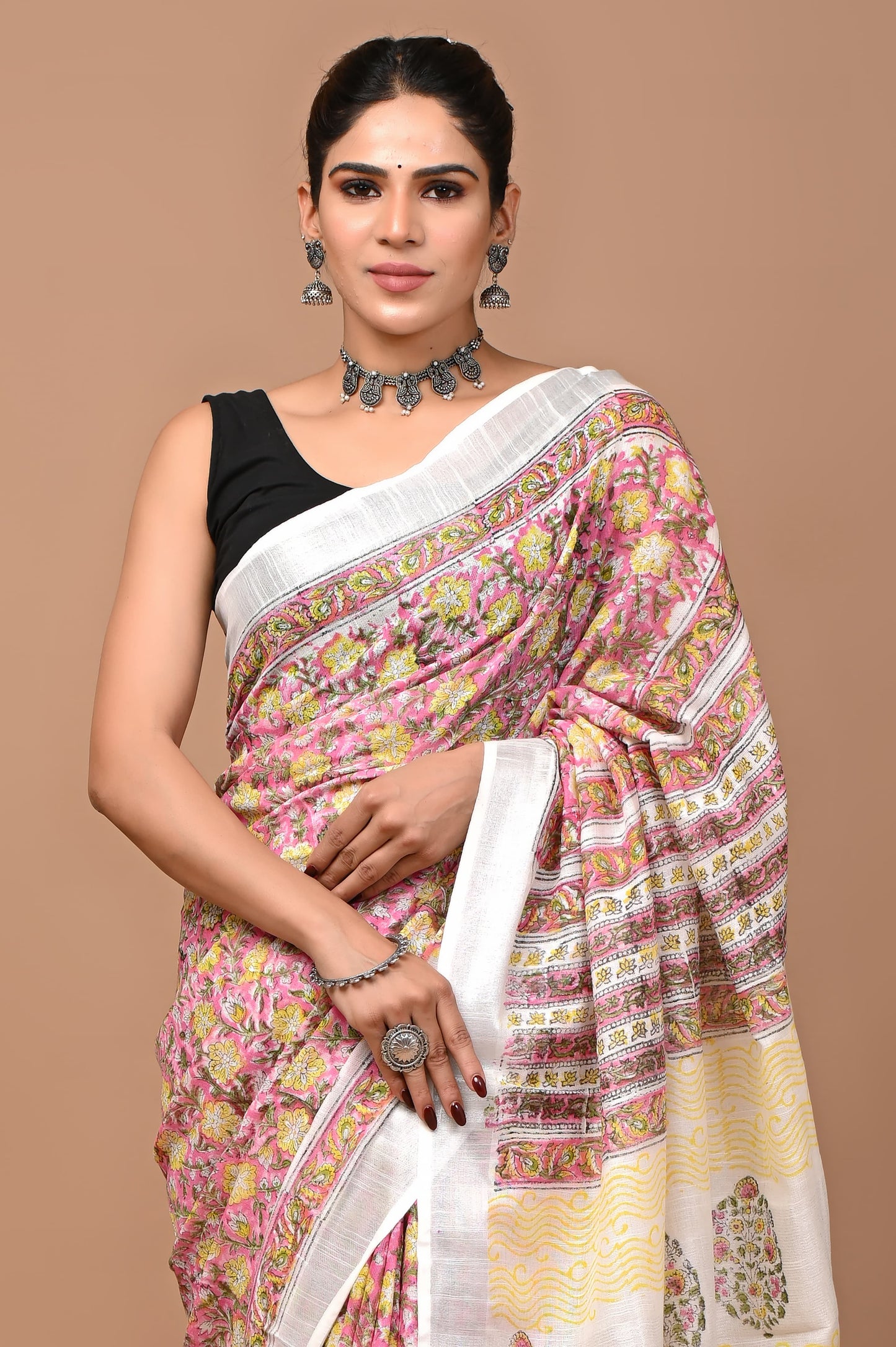 Block Printed Cotton linen Saree With Unstiched Blouse