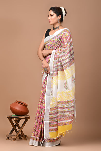 Block Printed Cotton linen Saree With Unstiched Blouse