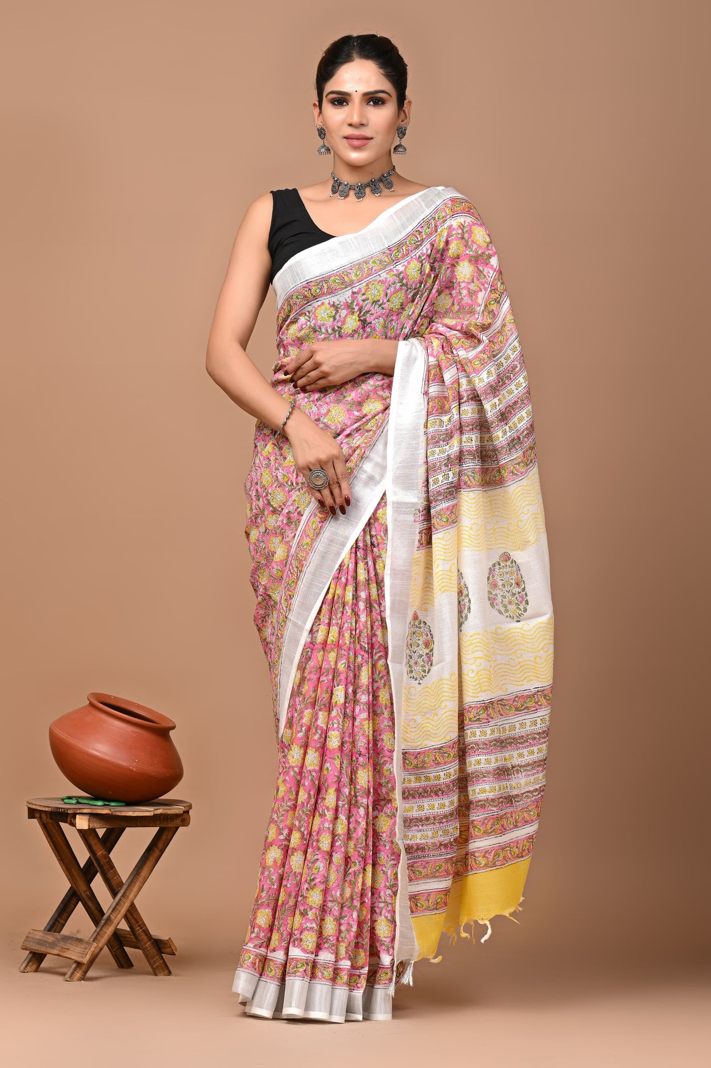 Block Printed Cotton linen Saree With Unstiched Blouse