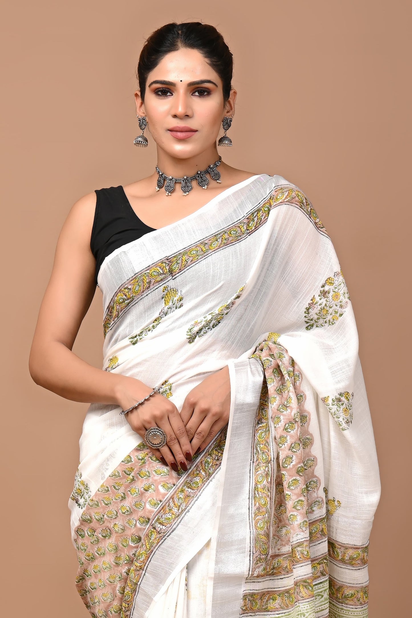 Block Printed Cotton linen Saree With Unstiched Blouse