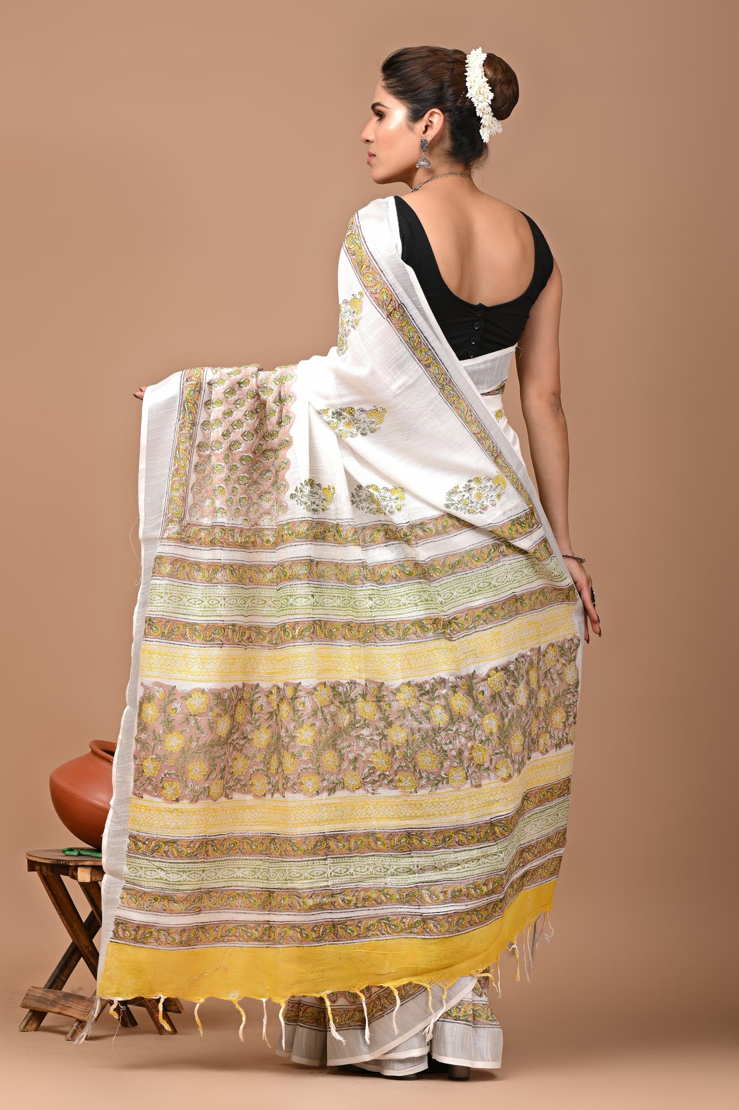 Block Printed Cotton linen Saree With Unstiched Blouse