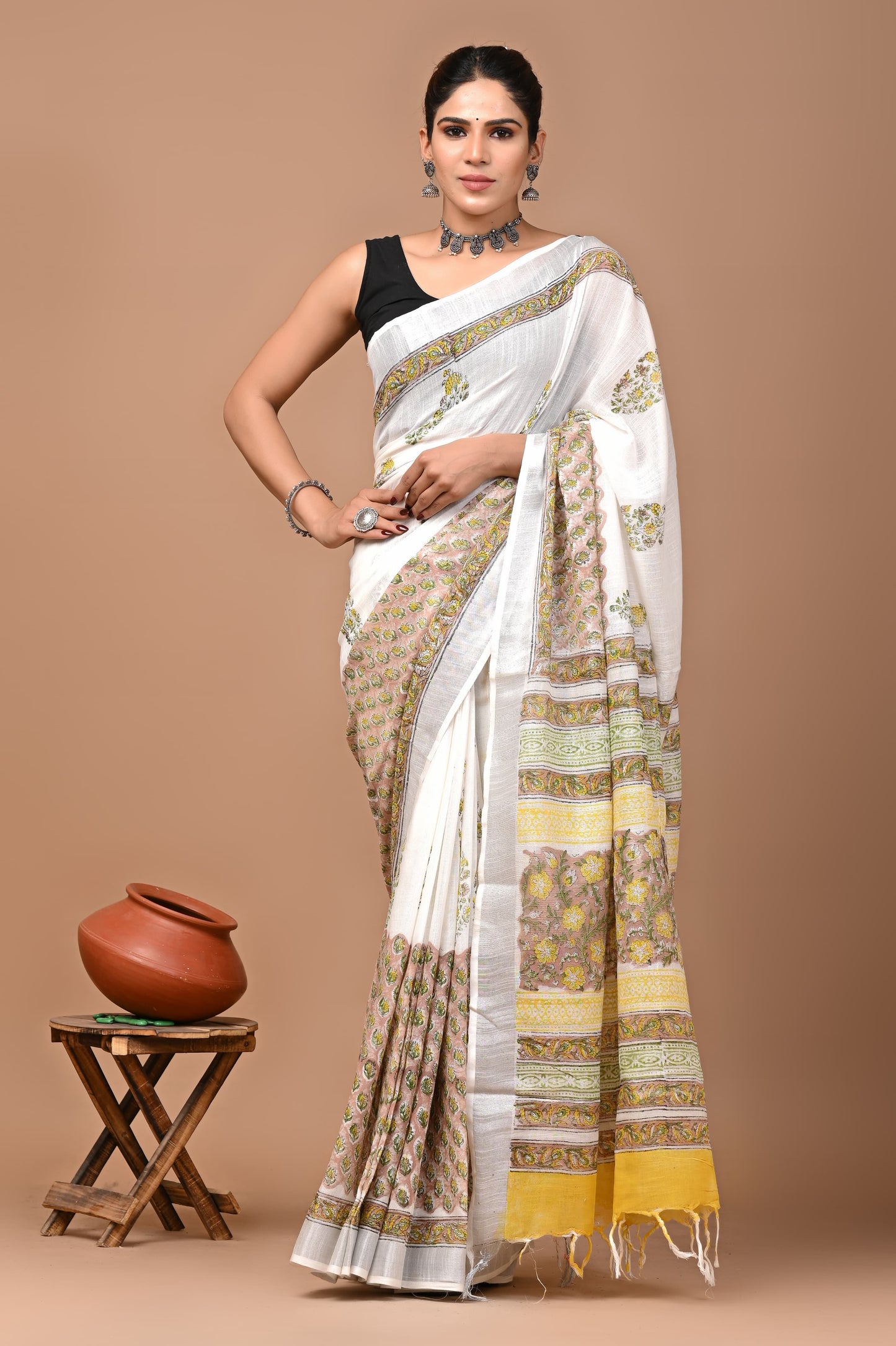 Block Printed Cotton linen Saree With Unstiched Blouse