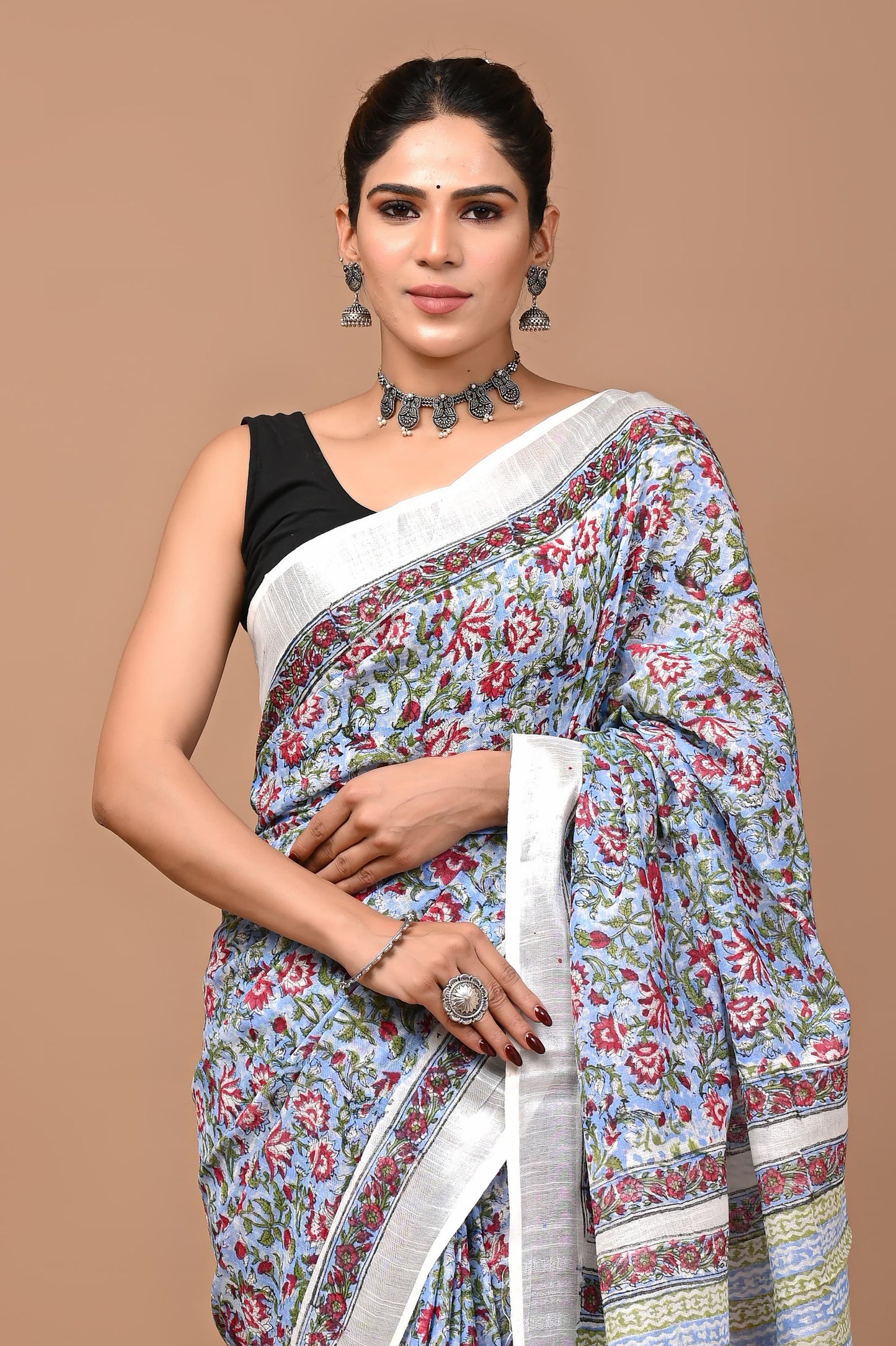 Block Printed Cotton linen Saree With Unstiched Blouse