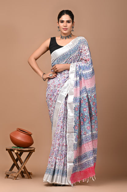 Block Printed Cotton linen Saree With Unstiched Blouse