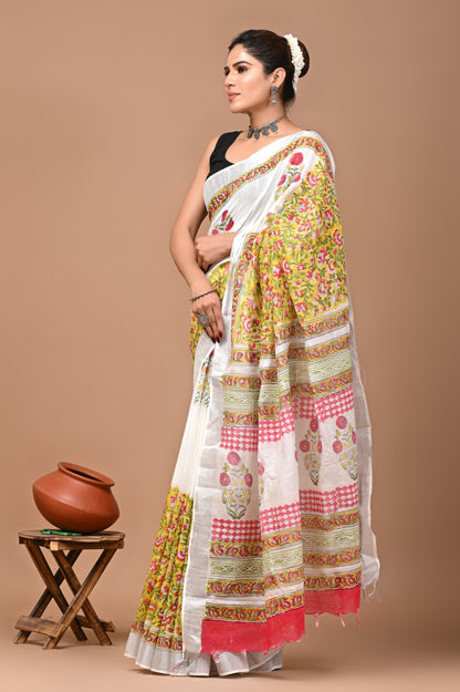 Block Printed Cotton linen Saree With Unstiched Blouse